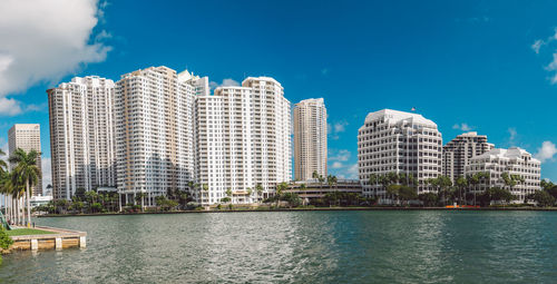 Buildings by river against sky