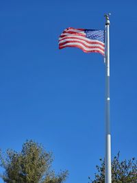 Low angle view of flag against clear blue sky