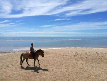 Man riding horse at beach against sky during sunny day