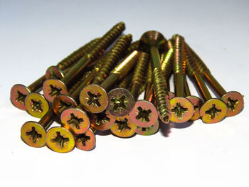 Close-up of colored pencils on table against white background