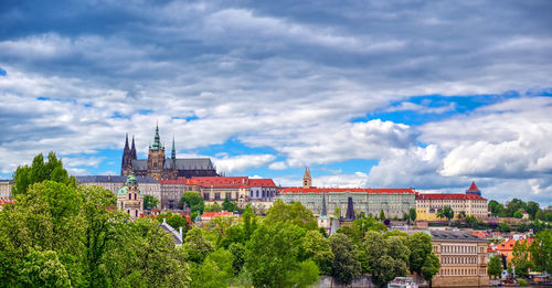 Panoramic view of trees and buildings against sky