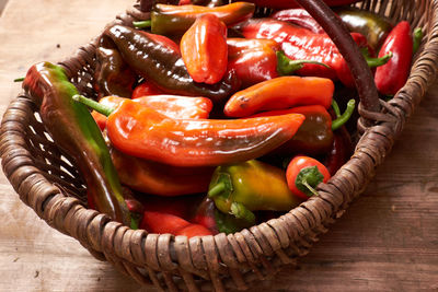 Close-up of bell peppers in basket on table