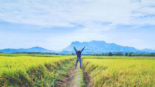 Scenic view of agricultural field against sky