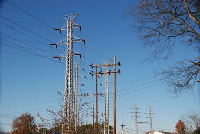 Low angle view of electricity pylon against clear blue sky