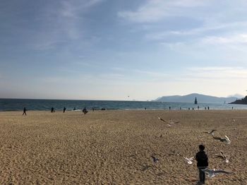 People on beach against sky