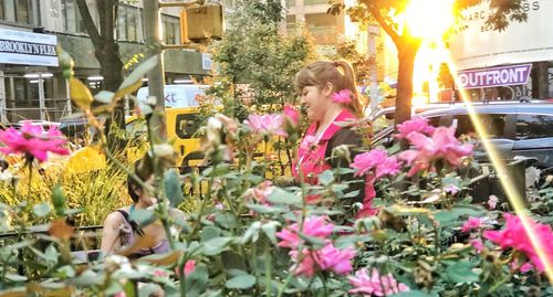 View of flowering plants in city