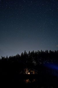 Silhouette trees against clear sky at night