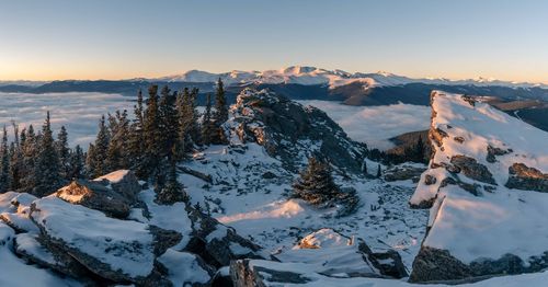 Scenic view of snow covered mountains against sky during sunset