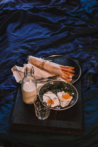 High angle view of breakfast on table