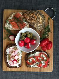 Directly above shot of fruits on cutting board