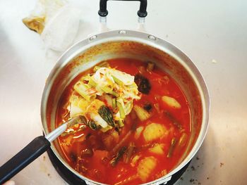 High angle view of soup in bowl on table