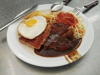 High angle view of breakfast served in plate