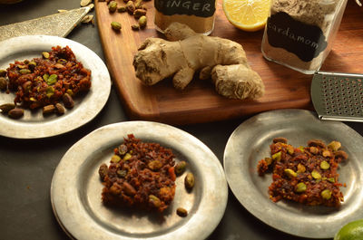 High angle view of food in plate