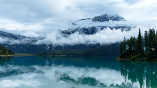 Scenic view of lake and snowcapped mountains against sky