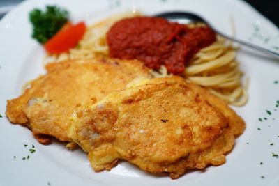 High angle view of breakfast served in plate on table