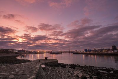 Scenic view of river against sky during sunset