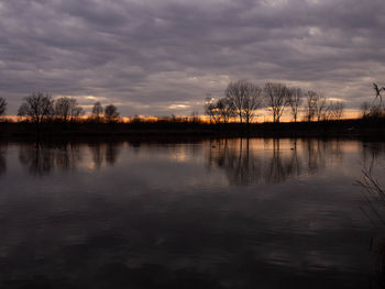 Scenic view of lake against sky at sunset