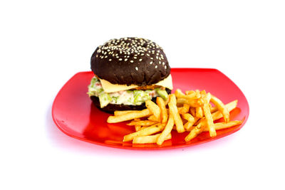 Close-up of burger in plate against white background
