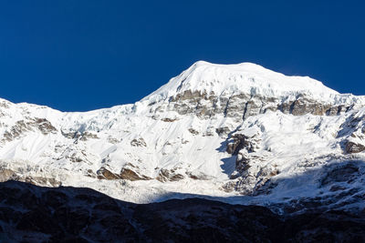 Shot of nandakhat mountain peak taken from the zero point of the pindari glacier in october 2018.