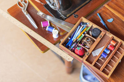 High angle view of multi colored pencils on table