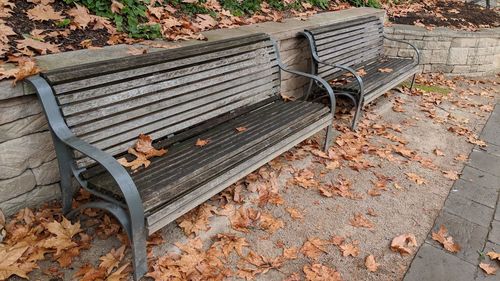 High angle view of empty bench in park during autumn
