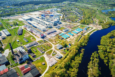 Moder paper factory aerial view. industrial plant in summer day. city landscape