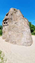 Low angle view of rock formations against clear blue sky