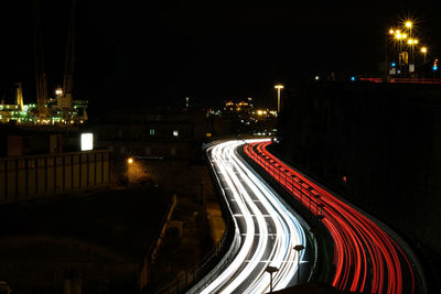 Light trails on road at night