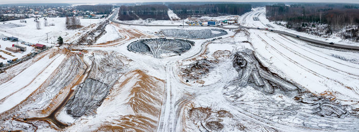 High angle view of snow covered landscape