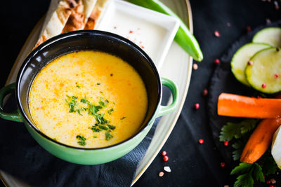 High angle view of soup in bowl