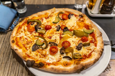 High angle view of pizza on table