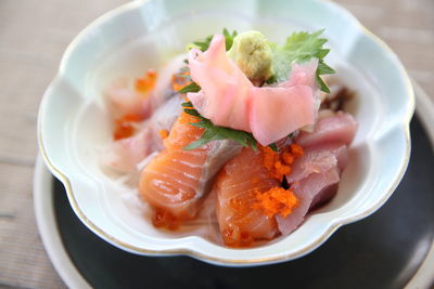 Close-up of fish served in plate on table