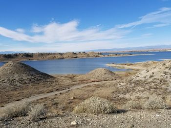 Scenic view of beach against blue sky