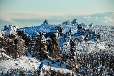 Snow covered landscape against sky