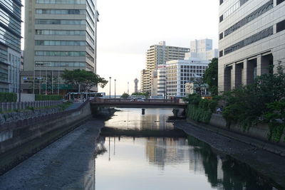 Bridge over canal amidst buildings in city against sky