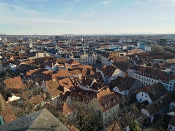 High angle view of town against sky