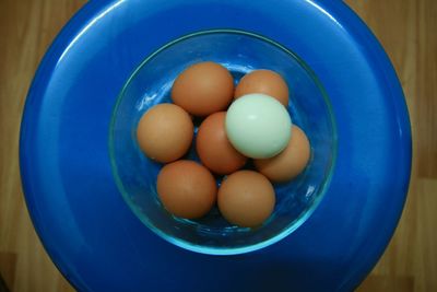 High angle view of eggs in bowl