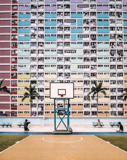 View of basketball hoop in city