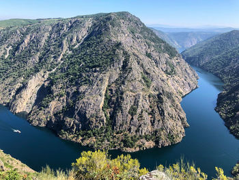 Panoramic view of lake and mountains against sky