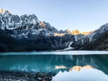 Scenic view of lake and snowcapped mountains against sky