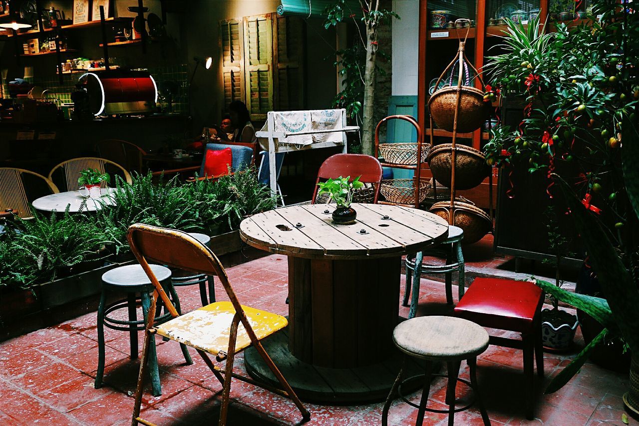 chair, table, built structure, architecture, building exterior, absence, restaurant, potted plant, sidewalk cafe, empty, lighting equipment, indoors, seat, illuminated, city, sunlight, no people, day, furniture, window