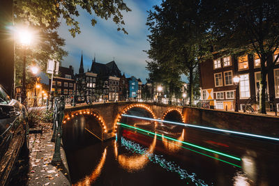 Light trails at famous canals in amsterdam at dusk. long exposure shot