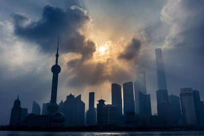 Huangpu river against modern buildings during sunrise