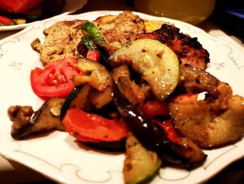 High angle view of meal served in plate on table