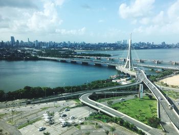 High angle view of bridge and cityscape against sky