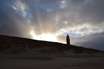 Lighthouse amidst buildings against sky