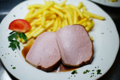 High angle view of food served in plate