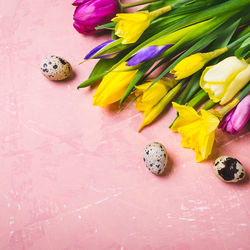 High angle view of pink tulip on table