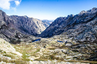 Scenic view of rocky mountains against blue sky