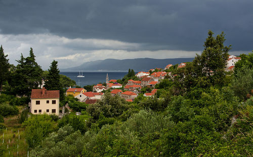 High angle view of houses in town against sky